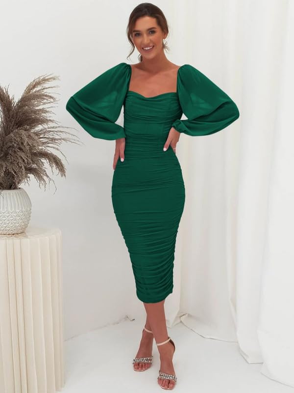 Haibang Vestito Donna Elegante Maniche Lunghe Abiti da Cerimonia con Scollo Quadrato Aderente Abito da Sera Lungo Sexy Vestito Tubino per Cocktail Party Feste Ballo Festa Autunno e Inverno