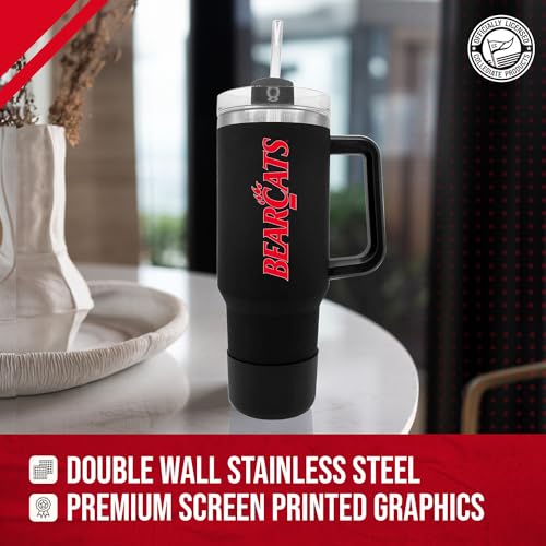 Image of Campus Colors College & University 40 oz Travel Tumbler With Handle - Dual Option Lid With Straw - Vacuum Insulated Stainless Steel (Cincinnati Bearcats - Black)