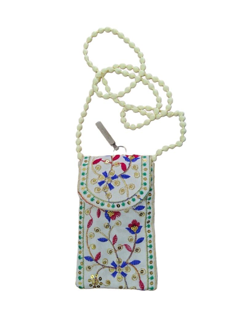 Embroidered Mobile Pouch Bag, White, Floral Sequin Work, Beaded Crossbody Strap, Magnetic Snap Closure-picture-34