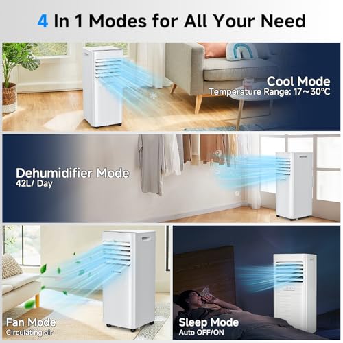 9000 BTU Portable Air Conditioner, 3-in-1 Portable Air Conditioner Unit, Dehumidifier and Fan Modes, Remote Control, 24H Timer, Sleep Mode, Exhaust Kit