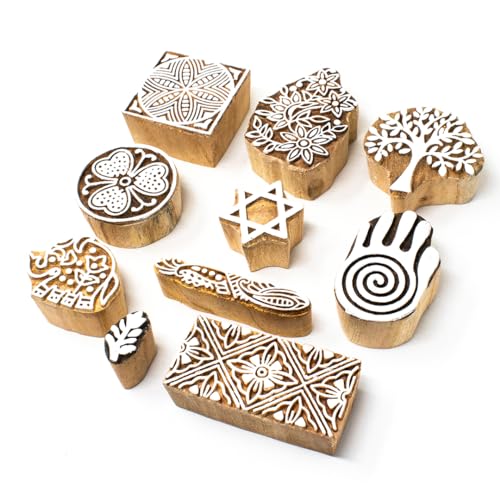 Image of Wooden Stamp Block, Printing Stamp Design Set | Block for Printing Saree Border | Dresses, Craft Card Making, Scrapbook, Clay Pottery | Set of 10