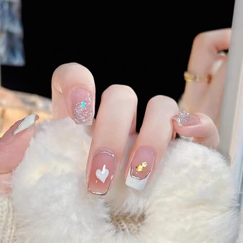 Miniatura 3 de Uñas postizas francesas a presión con corazón con purpurina corta con diseño de diamantes de imitación uñas postizas de bailarina uñas acrílicas