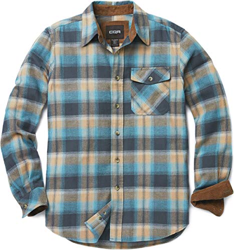 CQR Men's All Cotton Flannel Shirt, Long Sleeve Casual Button Up Plaid Shirt, Brushed Soft Outdoor Shirts, Plaid Ocean Sand Shade, Medium