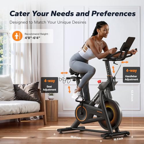 Image of Merach Magnetic Exercise Bike, Heavy Duty Stationary Bike with Automated Resistance, 300 350 Lbs Weight Capacity, Low Noise Indoor Workout Bike for Home Gym with Self-Developed App