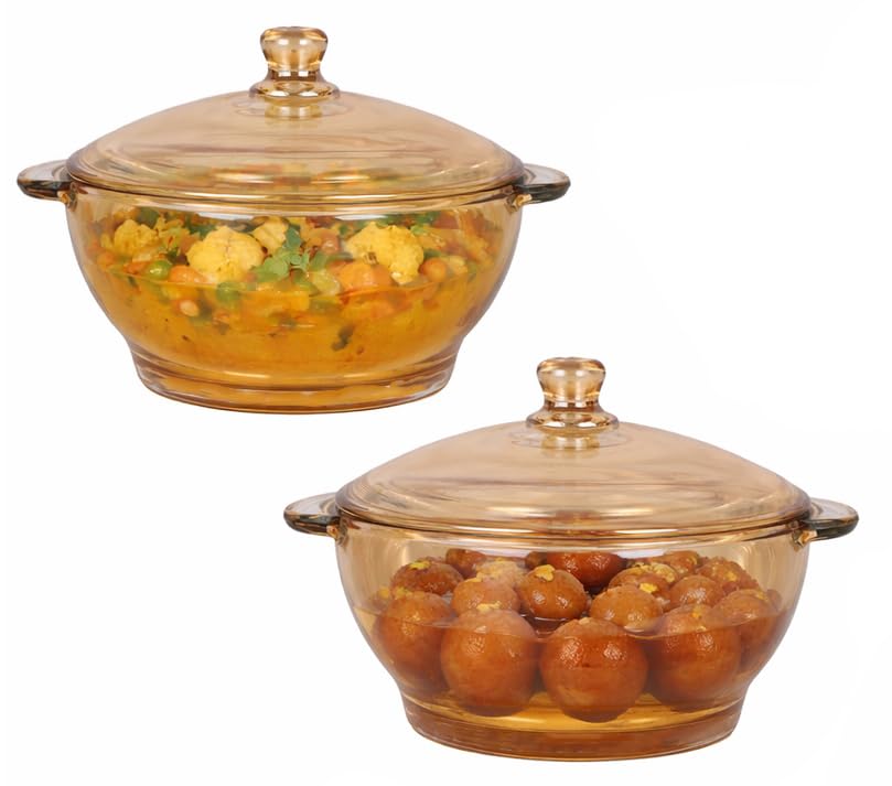 Image of Brown Glass Casserole Deep Round 1000 ML - Oven and Microwave Safe Serving Bowl with Glass Lid (2 Pc, Brown - B)