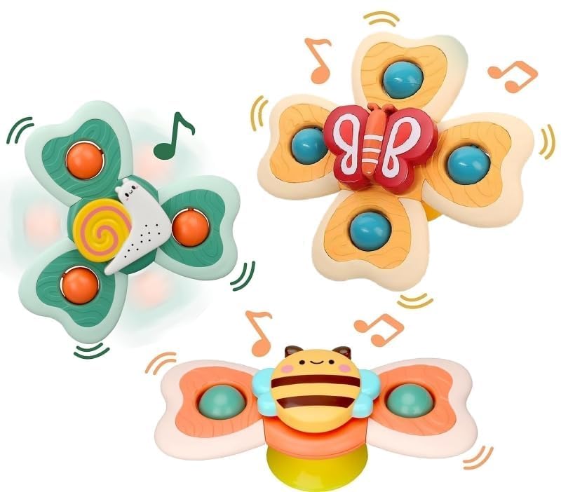 Image of TOYTASTIC Baby Hand Spinner Toys for Toddlers 1-3 Years, Suction Cup Sensory Spinners, Butterfly & Bee Rotating Montessori Toy, Fidget Spinner, Pack of 3
