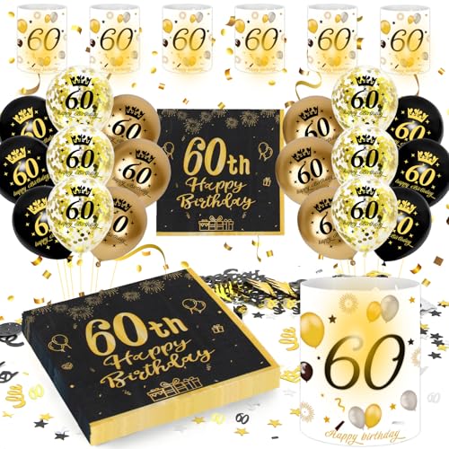 60 Aniversários homem mulher ornamentos, 60th Happy Birthday decoração pretos dourados balões guardanapo lanterna Confeti, presente e aniversário decoração mulher homem 60 anos (decoração mesa 60