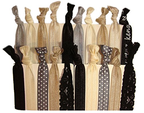 Hair Ties Ponytail Holders - 20 Pack"Evening Lace" Black Tan Blonde Silver No Crease Ouchless Elastic Styling Accessories Pony Tail Elastics Holder Ribbon Bands - By Kenz Laurenz