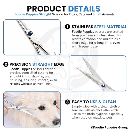 Image of Foodie Puppies Professional Straight (Silver) Dog Grooming Scissors - Stainless Steel Pet Hair Cutting Shears with Finger Rest & Ergonomic Grip for Dogs & Cats, Precision Trimming Home Use Kit