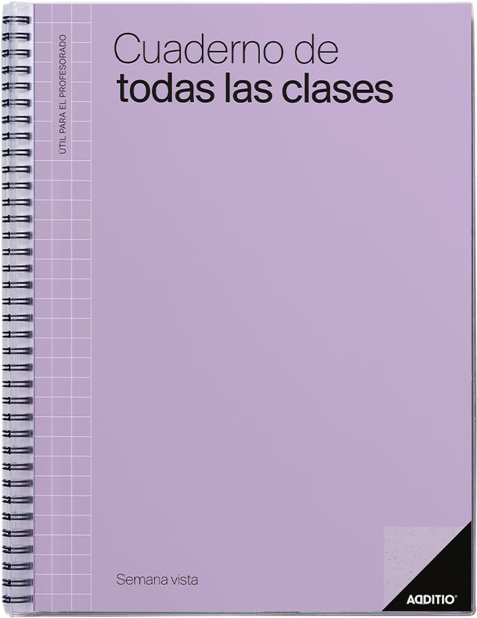 ADDITIO - Cuaderno de Todas las Clases semana vista para el profesorado | Evaluación continua | Programación semanal del curso | Tamaño 22,5 x 31 cm. | Español | Lila