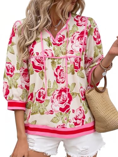 Cicy Bell Womens Floral Print Babydoll Blouse V Neck 3/4 Sleeve Peplum Tops Casual Loose Fit Boho Flowy Shirts