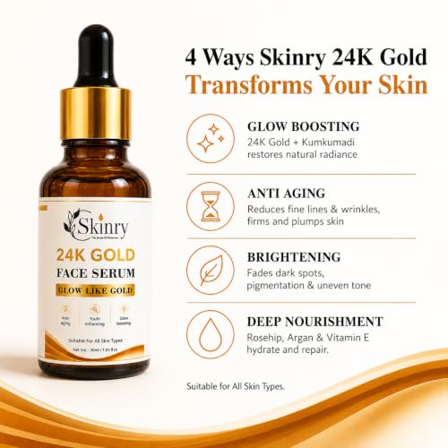 Image of 24K Gold Kumkumadi Face Serum | Anti Aging Brightening Serum with Rosehip Oil, Saffron & Vitamin E | Glow Boosting Face Serum for Women & Men | All Skin Types | 30ml