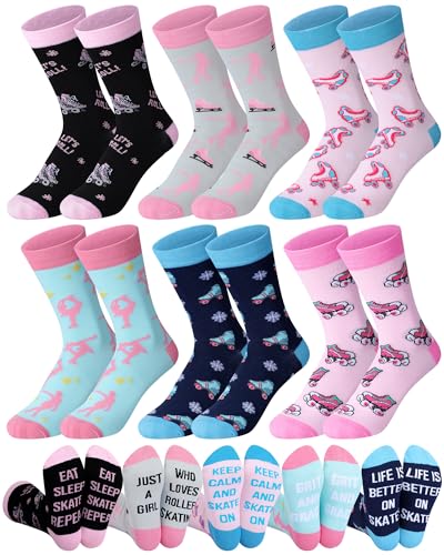 Chicingyou 6 Pairs Roller Skates Socks for Woman Funny Colorful Roller Skates Pattern Casual Crew Socks with Novelty Graphic Skating Lover Birthday Holiday Gifts