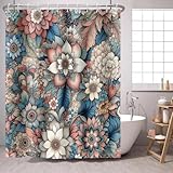 PEDBANRO Boho Flower Shower Curtain Mandala Floral Vintage Flower,Pink Blue Bright Petal Leaves Farmhouse Fabric Shower Curtains Bathroom Accessories 72x72 Inches