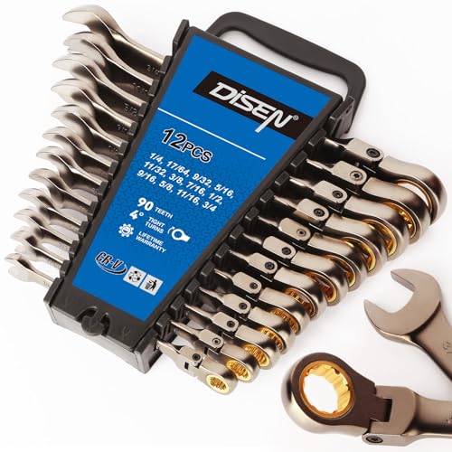 Image of DISEN 12 Pcs Flex Head Ratcheting Wrench Set 90 Teeth, Combination Ratchet Wrenches Set SAE1 /4 to 3 /4 inch, Cr-V Steel, 12-Point, Nickel Plating with Organizer Rack Visit the Store