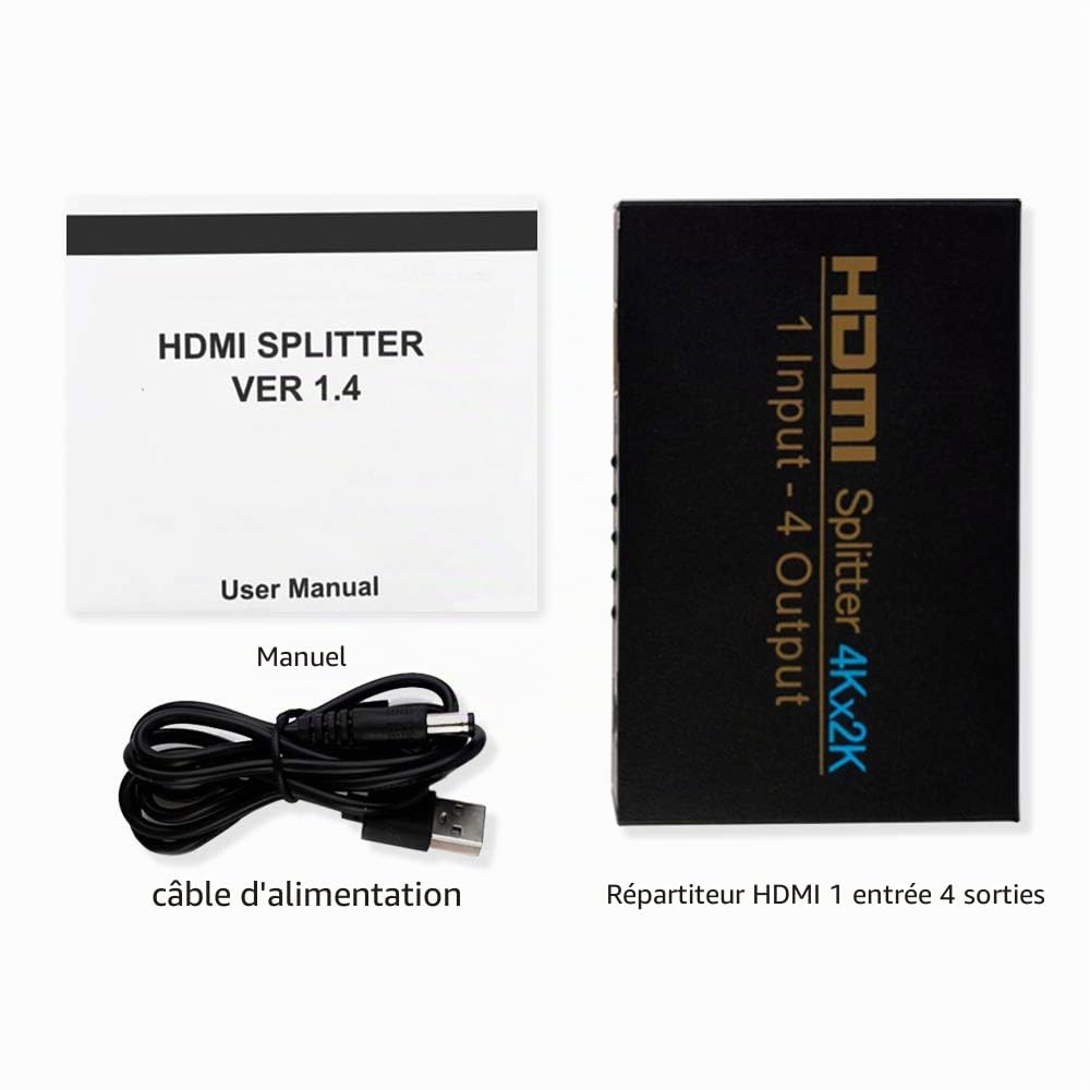 Splitter HDMI 4K Répartiteur HDMI 4 Sorties Distributeur Soutien 4K 1080P 3D Compatible pour Xbox PS3 PS4 Blu-Ray TV Chromecast DVD Récepteur Satellite et Autres Périphériques HDMI