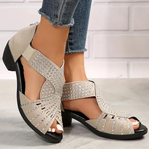 Western Sandals,Point Toe Sandals for Women,Open Toe Plus Size Zipper Shoes Comfortable Trendy Summer Vintage Peep Toe Rhinestone Mid Heels Sandals