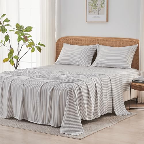 Sijo AiryWeight Tencel Sheet Set, 100% Lyocell Derived from Eucalyptus, Buttery Soft, Architectural Digest 2022 Best Cooling Sheets Winner - 4pc - 2 Pillowcases 1 Fitted 1 Top (Stripe, Full)