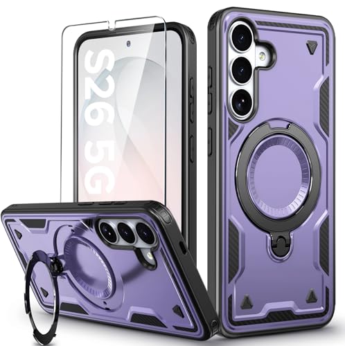 Image of for Samsung Galaxy S26 Case Magnetic with Stand, with Mag-Safe, with Screen Protector, Wireless Charging, Shockproof for Samsung S26 5G Phone Case, Ring Holder Cover for Samsung S26 Purple