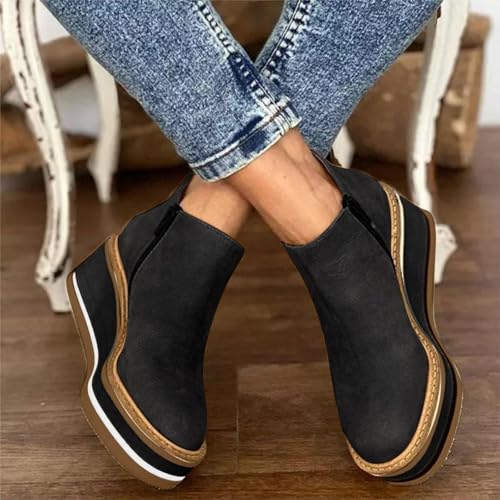 Womens Wedge Ankle Boots Casual Round Toe High Heel Boots Chunky Bottom Walking Shoes Dressy Short Chelsea Booties Classic Leather Zipper Shoes2