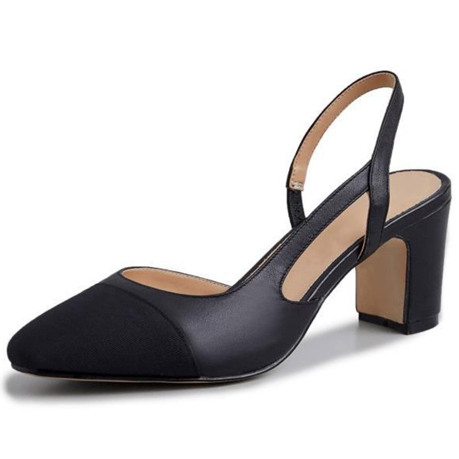 MICIFA Slingback Heels for Women，Round Toe Chunky Heeled Pumps Ankle Strap Fashion Splicing Dress Shoes