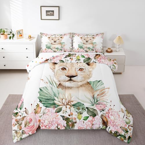 Erosebridal Cartoon Lion Comforter Set Twin Size Kids,Pink Floral Bedding Set Girls Boys Baby Lion Print Duvet Insert Safari Animal Quilted Comforter,Tropical Plants Home Dorm Decor Soft Cozy White cover