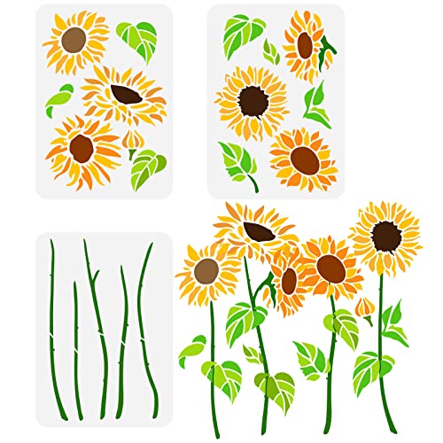 FINGERINSPIRE 3PCS Sunflower Stencils 8.3x11.7inch Hollow Out Painting Stencils Flower Disk Stencils Flower Stalk Stencils Leaves Reusable Sun Flower Stencils for Painting DIY Handwork Projects