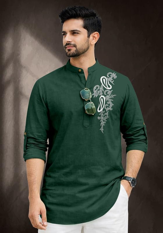 Image of Cotton Blend Self Design Printed Casual Short Kurta for Men Long Sleeve Mandarin Collar Stylish Kurta Shirt for Men