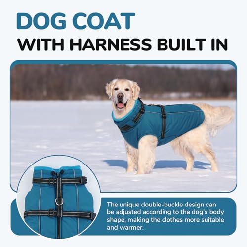 Lelepet Hundemantel für den Winter, Warme Hundejacke mit integriertem Geschirr, Winddicht Mantel mit Fleece Gefüttert für Hunde, Reflektierende Hundeweste für Kaltes Wetter, Blau XL