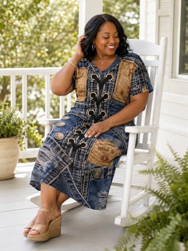 Image of Plus Size Maxi Dress for Women Short Sleeve V Neck Casual Loose Sundress with Pockets