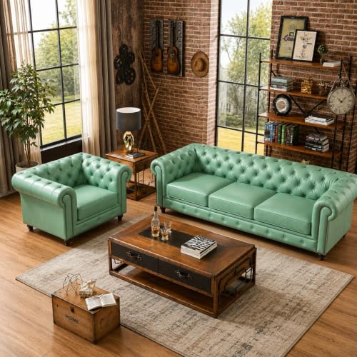 Image of Modern Classic Design Leatherette Luxury Chester Sofa Set with Button Tufted, Sofa for Living Room Home, Office and Lobby (Mint Green, 3+1=4 Seater Sofa)