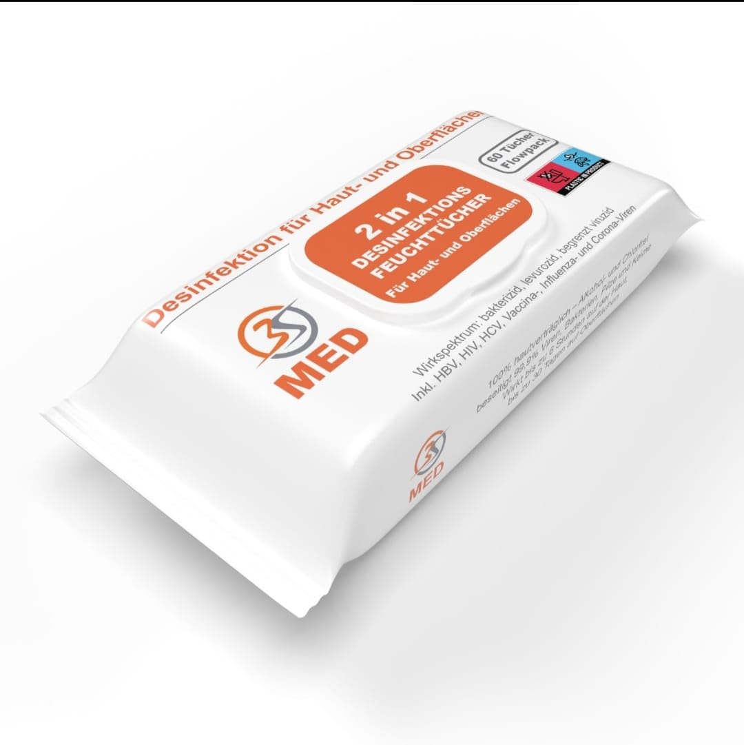 3S MED 2in1 Desinfektions-Feuchttücher für Haut & Oberflächen – 5er Pack (5×60 = 300 Tücher) – alkoholfrei & chlorfrei – 18×20 cm – Einwirkzeit 1 Min.