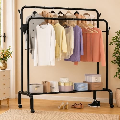 Image of Heavy Duty Clothes Drying Stand for Clothes - Double Rod Cloth Drying Stand Metal with Wheels & Side Hooks | Foldable Clothes Rack Kapde Stand for Balcony,Bedroom,Home