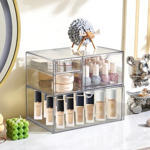 Prsildan Acrylic Drawer Makeup Organizer with 4 Drawers, Set of 2 Office Desk Organizers Accessories, Clear Stackable Storage Drawers for Vanity, Countertop, Craft, Jewelry, Art Supply Organization - Image 3