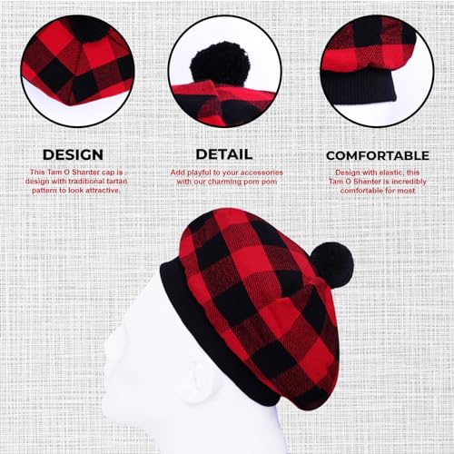 Image of Scottish Tam O' Shanter Hat Tartan Bonnet Pom Pom Wool Flat Cap One Size