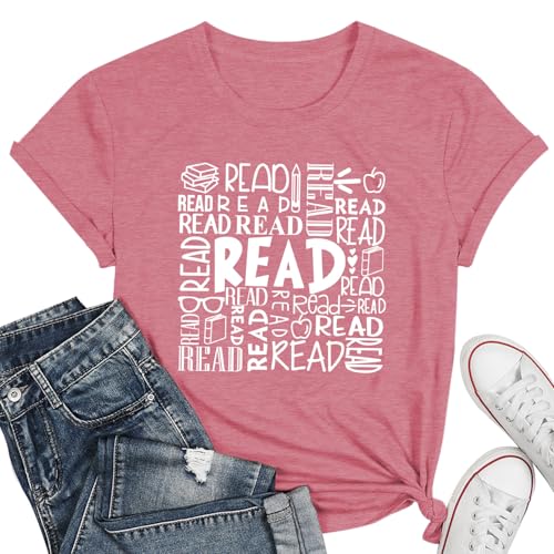 Image of Reading Teacher Shirt Women-Cute Read More Books Short Sleeve Library Book Lovers Daisy Tee Tops