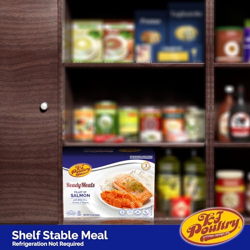 KJ Poultry Kosher Ready Meals - Salmon Fillet Fish, Parve MRE Meal Ready to Eat, Protein Food, Halal, (6 Pack) Prepared Entree Fully Cooked, Shelf Stable Microwave Dinner, Travel, Military, Camping