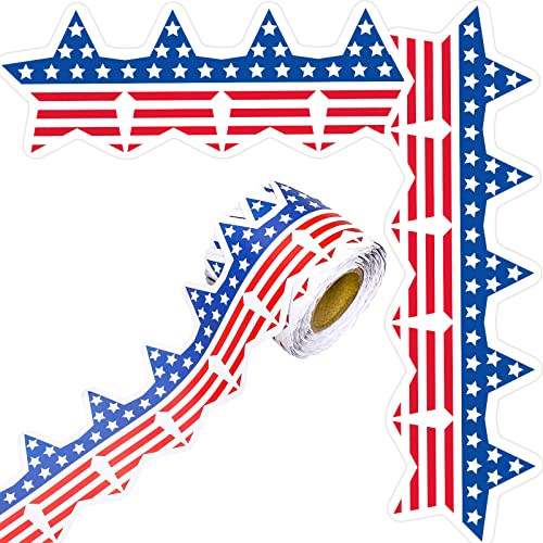Image of Whaline 65.6Ft 4th of July Bulletin Board Border Patriotic American Flag Trim Border Non-Stick Star Shape Paper Roll for Independence Day 250th Anniversary Classroom Chalkboard Decoration