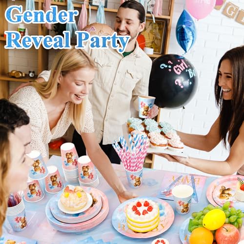 Image of Funnymoom 452 Pcs Bear Themed Gender Reveal Party Decorations for 50, Boy or Girl Gender Reveal Paper Plates Napkins Cups Tablecloth Cutlery Straws for Pink Blue Baby Shower Party Supplies