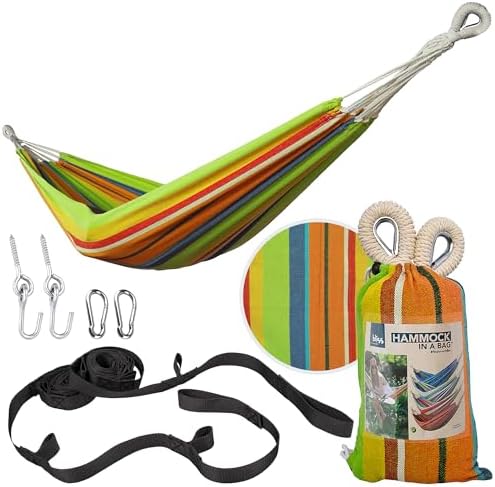 Bliss Hammocks 40″ W Single Outdoor Hammock with Universal Multi-Loop Suspension with “S” Hooks, Durable, Cotton/Polyester, 220 Lbs Capacity, Guacamole Stripe