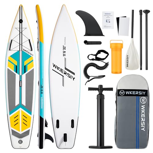 Wkersiy Inflatable Stand-Up Paddle Board 12' 6'/11'6' * 32' * 6' Touring SUP Suitable for Long Distance Paddling Travelling-friendly fo r2 Persons Inflatable PaddleBoard (White/Green/Yellow, 11'6*32')