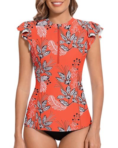 WOWENY Women Rash Guard Ruffle Sleeveless Swim Shirts Sun Protection Swimsuit Top Bathing Suit No Bottom