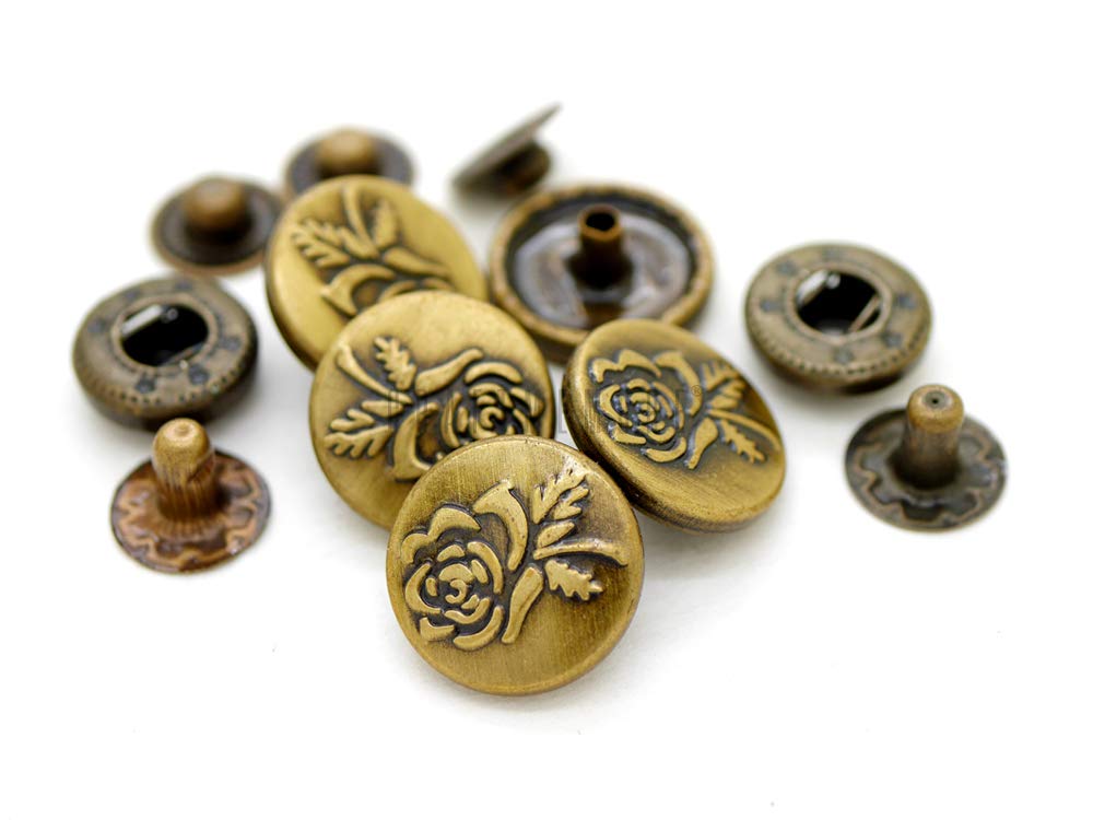 CRAFTMEMORE Rose Snap Fasteners S-Spring Socket Popper Snaps Buttons Antique Brass Flower Closure for Jacket Jeans Leather Craft 10 Pack TL02 (11/16" (17 mm))
