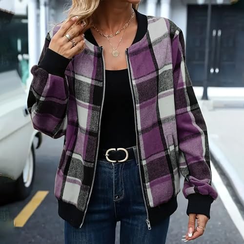 Plaid Bomber Jackets for Women Full Zip Up Womens Fashion 2025 Trendy Fall Coats Flannel Shackets4