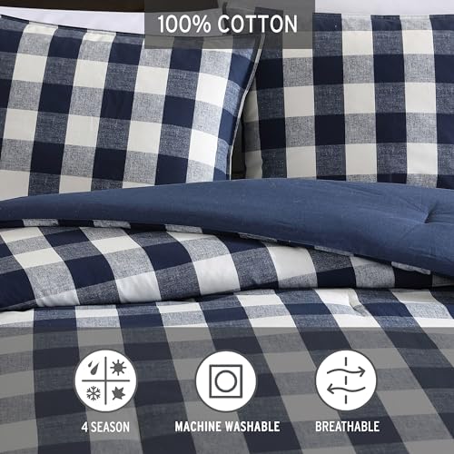Image of Eddie Bauer - Queen Duvet Cover Set, Reversible Cotton Bedding with Matching Shams, Stylish Plaid Bedding Set (Lakehouse Blue, Queen)