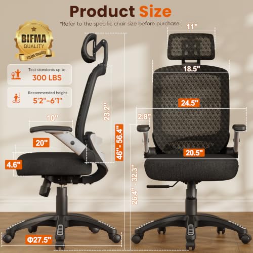 Image of GABRYLLY Ergonomic Office Chair, High Back Home Desk Chair with Flip-Up Arms, 3D Headrest, 90-120 Tilt and Wide Cushion Seat, Big and Tall Computer Chairs for Man Woman, Mesh Chair -Midnight Cloud
