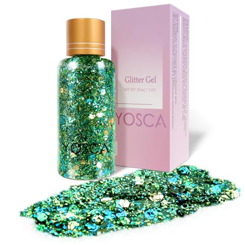 Yosca Body Glitter Gel, 30ML Green St. Patrick's Day Mermaid Chunky Face Glitter, Hair Glitter Sequins for St. Patrick's Day Christmas Halloween Coachella Theme Makeup Party Concert Rave Accessories
