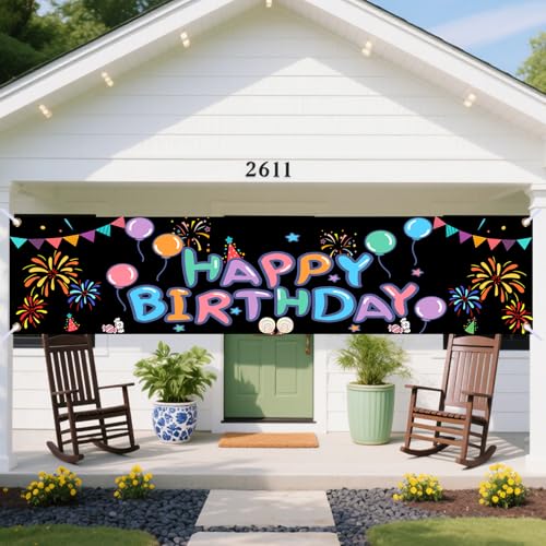 Image of Nuxovilar Happy Birthday Banner Fireworks 18x79 Inches Polyester | Party Sign, Firework Poster colorful happy birthday banner, yard decoration yard, porch, fence (Fireworks)