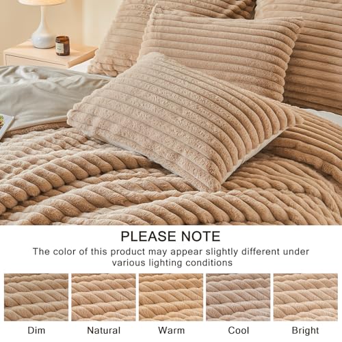 Image of EMME Faux Fur Duvet Cover Queen Size, 3 Pieces Ultra Soft Fluffy Comforter Cover, Cozy Warm for Winter, Luxury Elegant Shaggy Striped Design Bedding, 1 Duvet Cover & 2 Pillow Shams (Queen, Taupe)