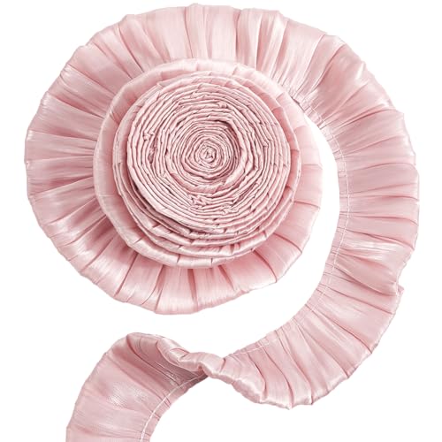 CABODYALS 4.57M Rose Bordure en Dentelle Plissée Ruban de Satin à Volants 2 Couches Vintage Froncé Tissu Lisse Polyester Rubans Vague pour Couture...